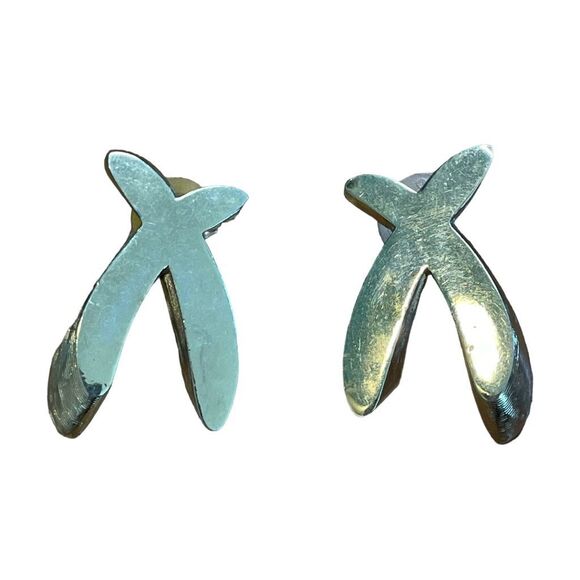 Vintage 90s X Shape Earrings Gold Tone Metal Brushed Smooth - Picture 1 of 5